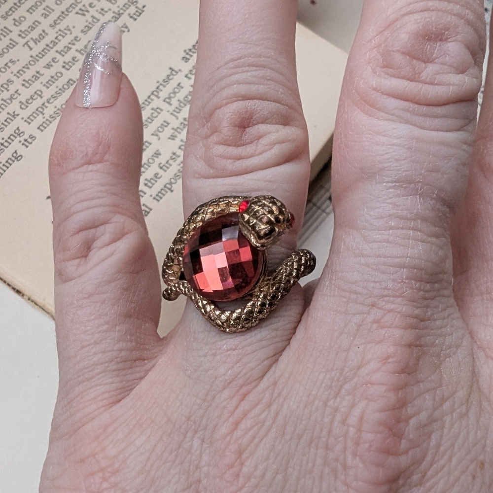 Gold Snake Ring with Red Gemstone Size 7